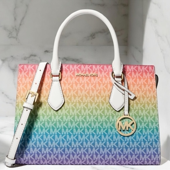 Michael Kors Sheila Medium Rainbow Signature Logo Satchel Bag Rainbow - Picture 1 of 8